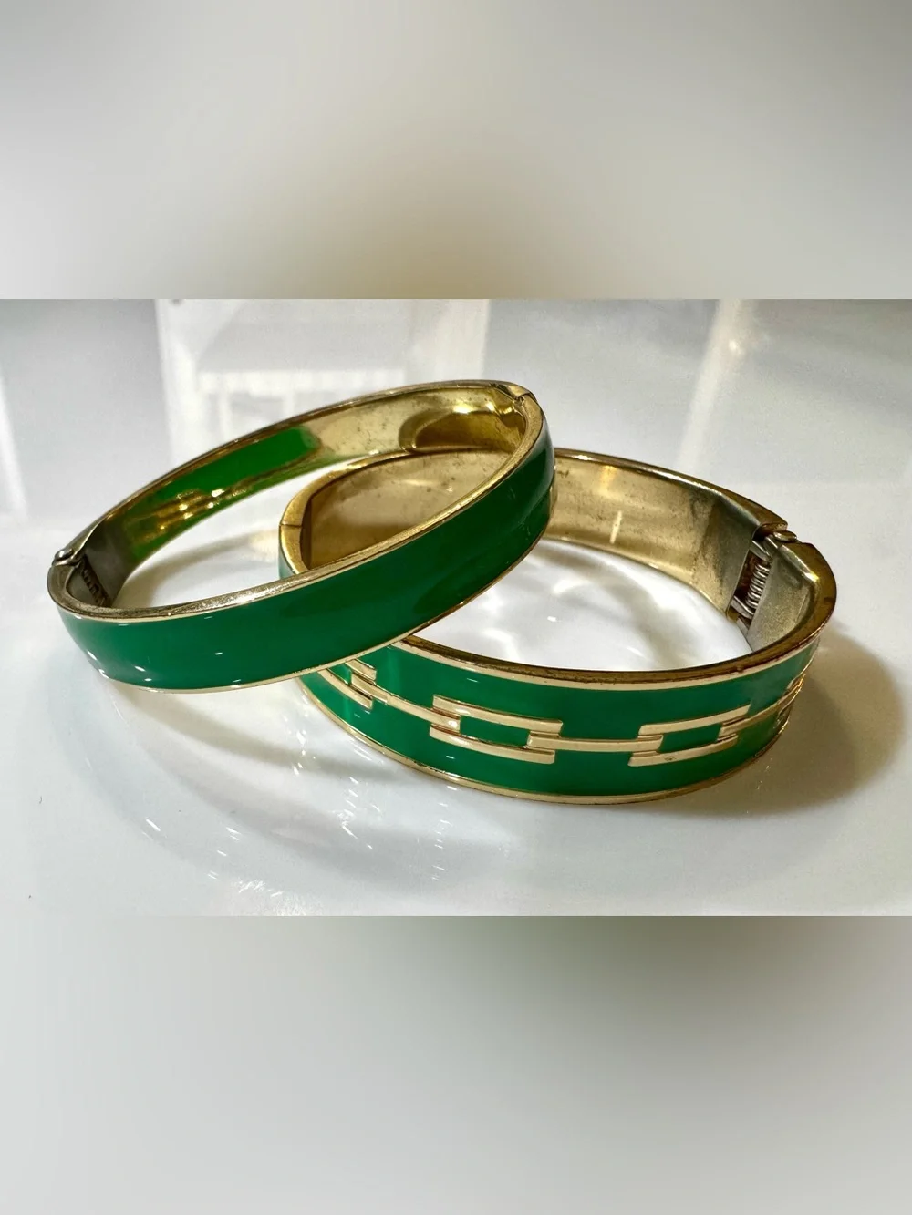 Green Enamel Gold Hinged Bangle Bracelet Set of 2 Kelly Green